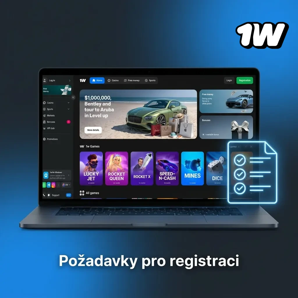 Požadavky pro registraci na platformě 1W: věk 18+, platný doklad totožnosti, jeden účet na osobu.