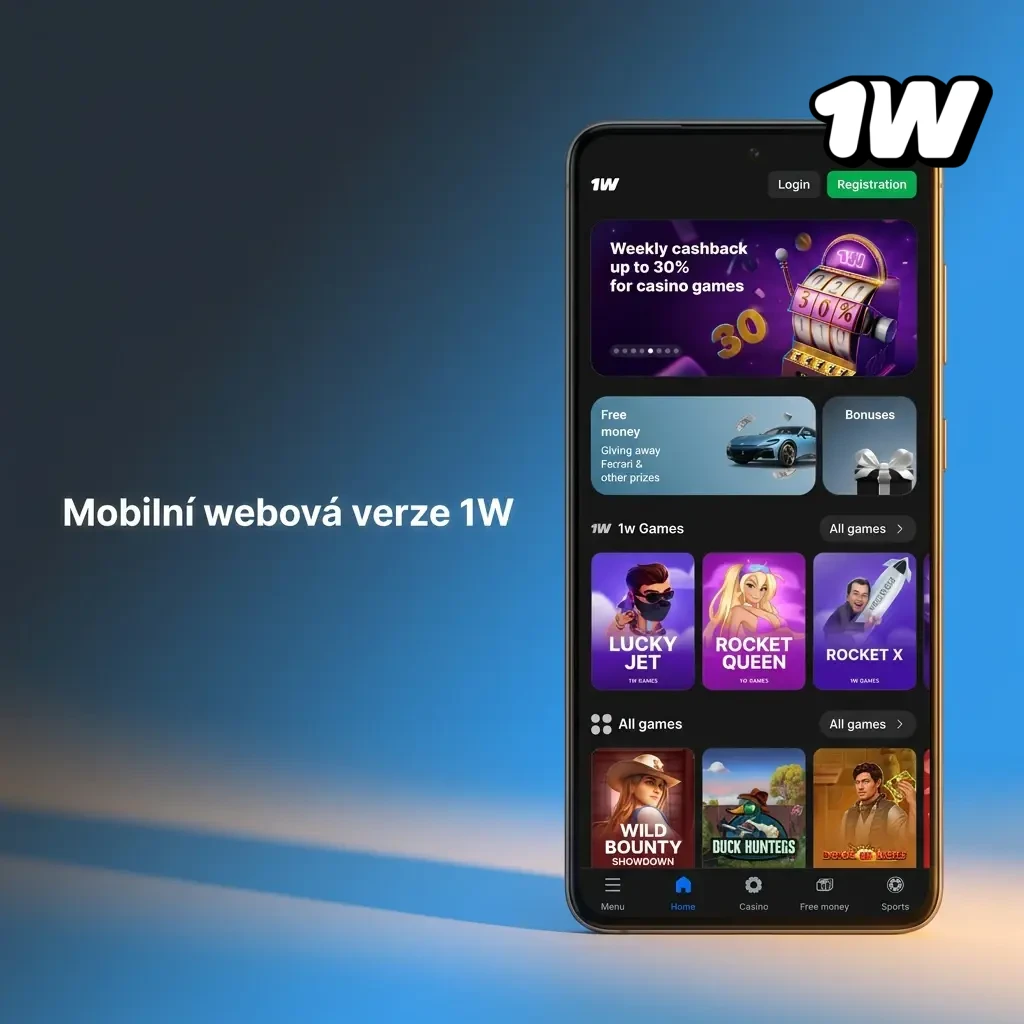 Mobilní webová verze 1W na chytrém telefonu s nabídkou sportovního sázení a kasinových her