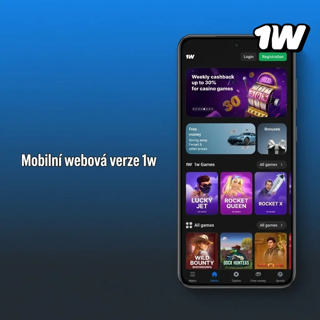 Mobilní webová verze platformy 1w optimalizovaná pro chytré telefony a tablety se sázením a kasinem