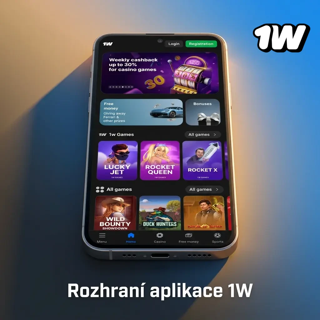 Přehledné mobilní rozhraní aplikace 1W s rychlou navigací mezi sekcemi sázek, kasina a správy účtu