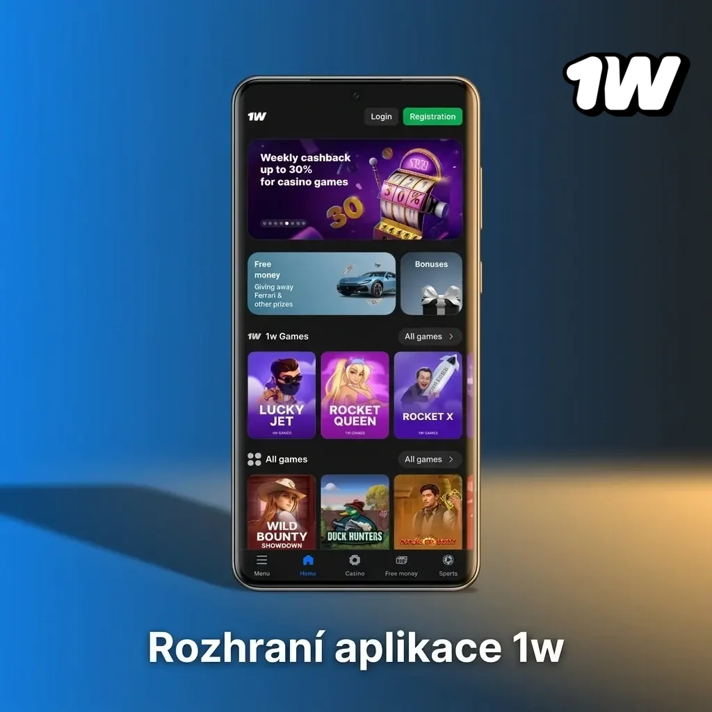 Rozhraní mobilní aplikace 1w s navigací mezi kasinem, živými hrami a sportovním sázením na malé obrazovce