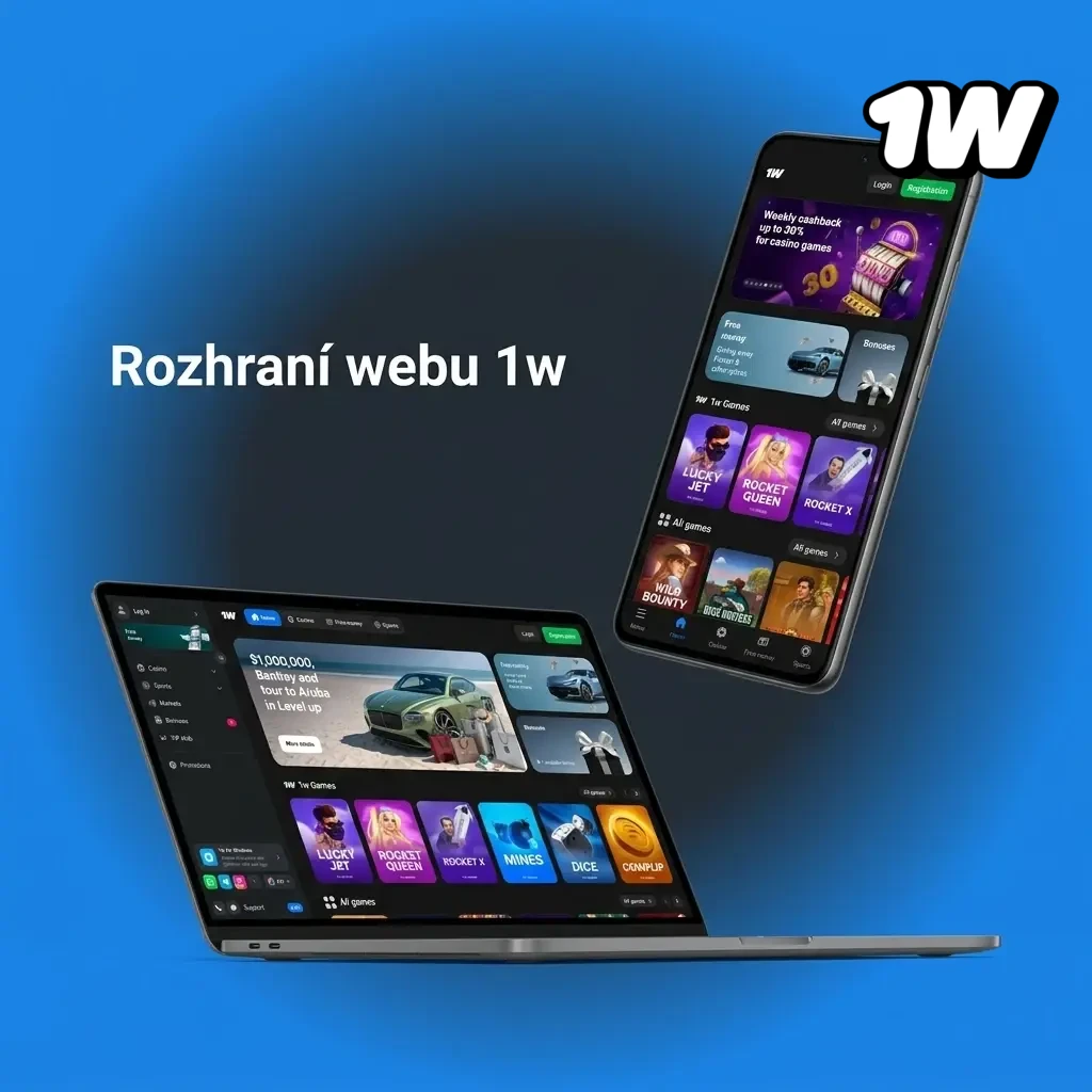 Přehledné rozhraní webu 1w s navigační lištou pro sázení, kasino, kyberport a bonusy pro české hráče